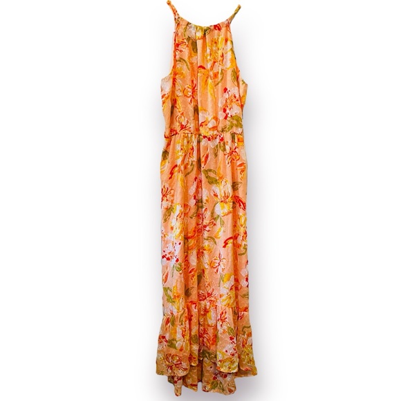 harlow & rose Dresses & Skirts - Harlow & Rose Halter Neck Peach Orange Floral Tiered Maxi Dress Tie Back NWT